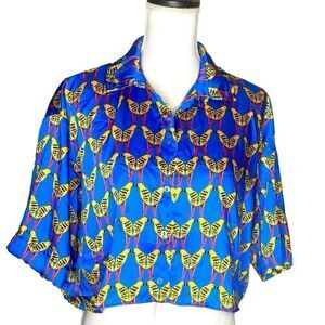 ZARA Wm’s XS Blue Satin Yellow Bird
Print Cropped Button Down Top Blouse